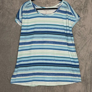 Woman Within 1X Shirt Top Blue Striped Cap Short Sleeve Scoop Neck Cotton Knit